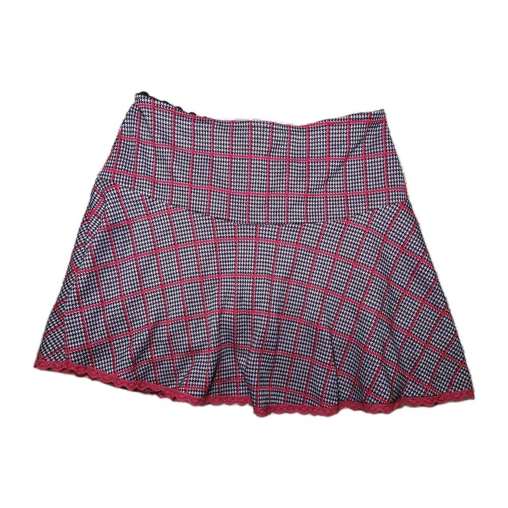 Great Escape Houndstooth Windowpane Plaid Skort Red Lace Hem Mini Skirt‎ L